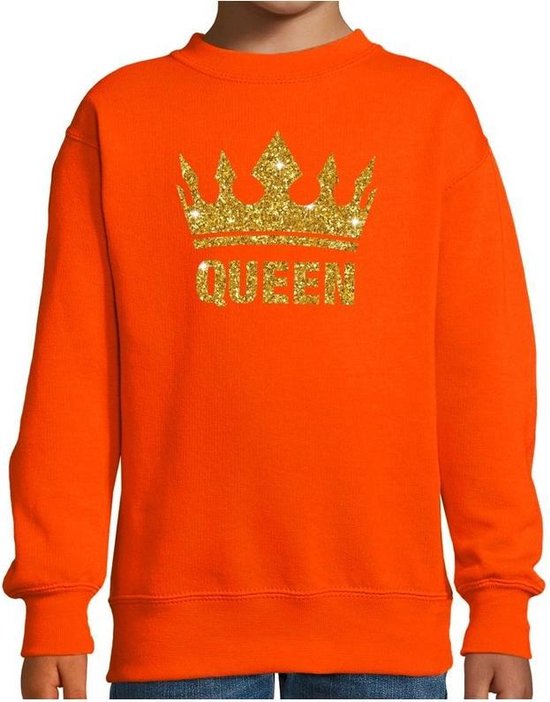 Oranje Koningsdag gouden glitter Queen sweater / trui kinderen - Oranje Koningsdag kleding met gouden print 130/140 (9-10 jaar)