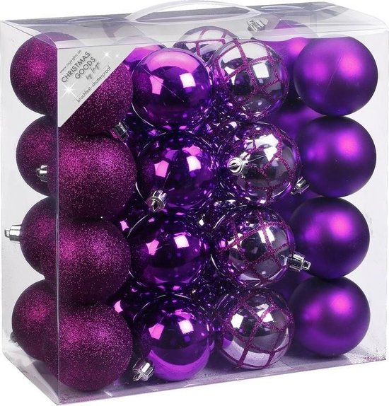 32x Paarse kunststof kerstballen 7 cm mat/glans - Kerstboomversiering paars  | bol.com