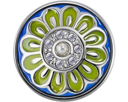 Quiges - Dames Click Button Drukknoop 18mm Bloem Blauw met Groen en Zirkonia - EBCM120
