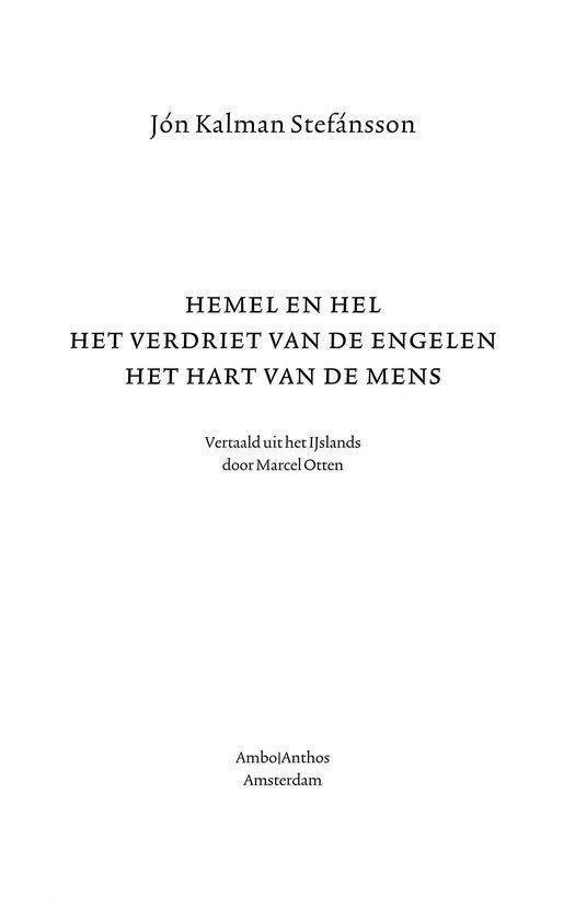 Titelpagina met de titel 'Hemel en hel', 'Het verdriet van de engelen', 'Het hart van de mens' en vertalerinformatie.