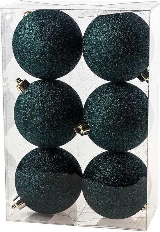 6x Petrol blauwe kunststof kerstballen 8 cm Glitter Onbreekbare