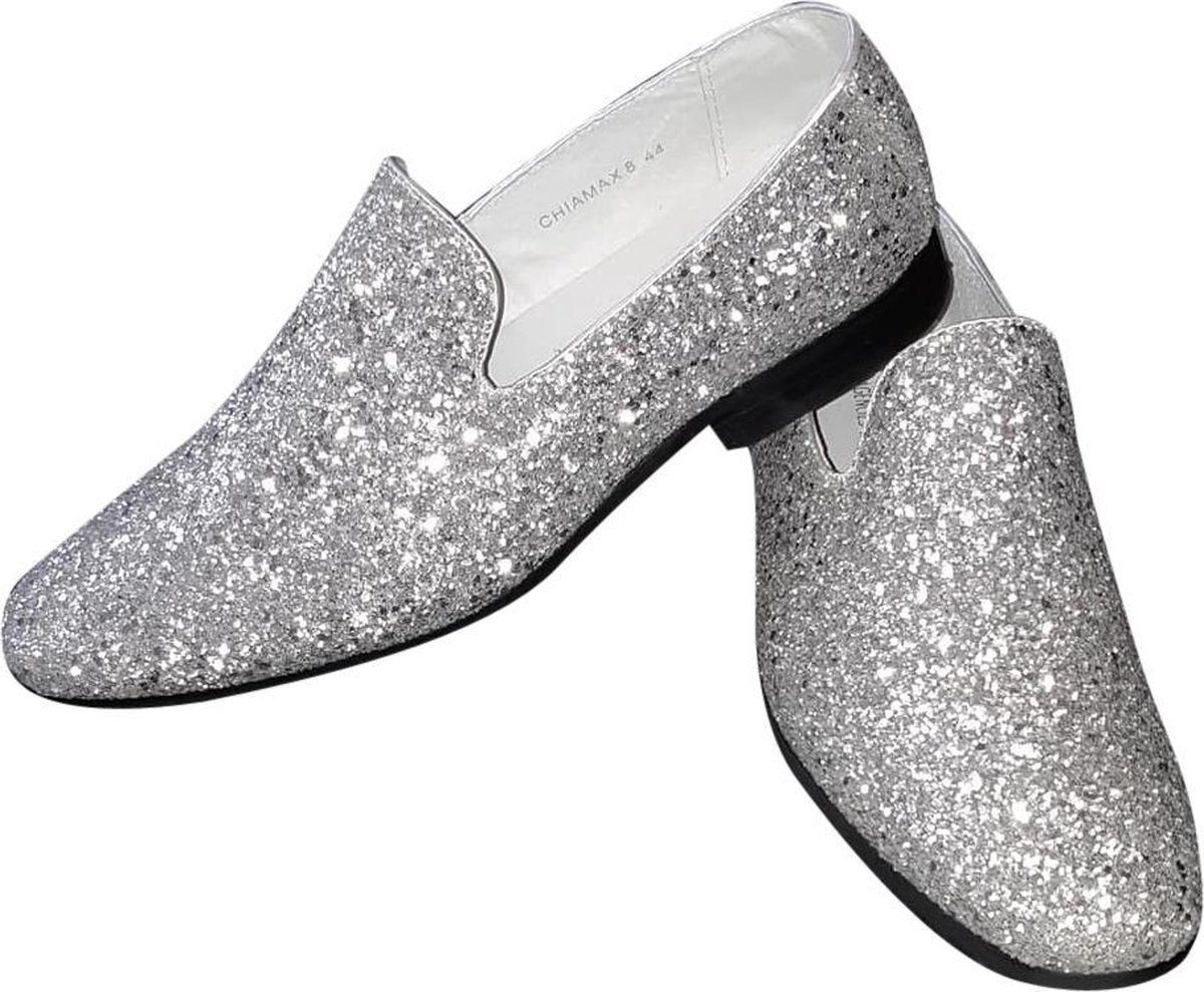 CHIAMAX Heren glitter schoen disco schoen party shoe De Toppers feest kerstmis carnaval glitter and glamour zilver
