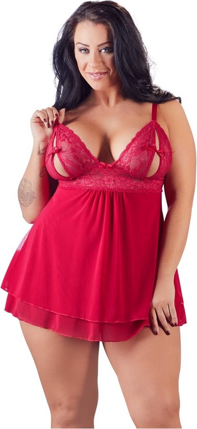 Foto: Cottelli plus size erotische babydoll met kanten buste motieven en open cups maat 4xl rood