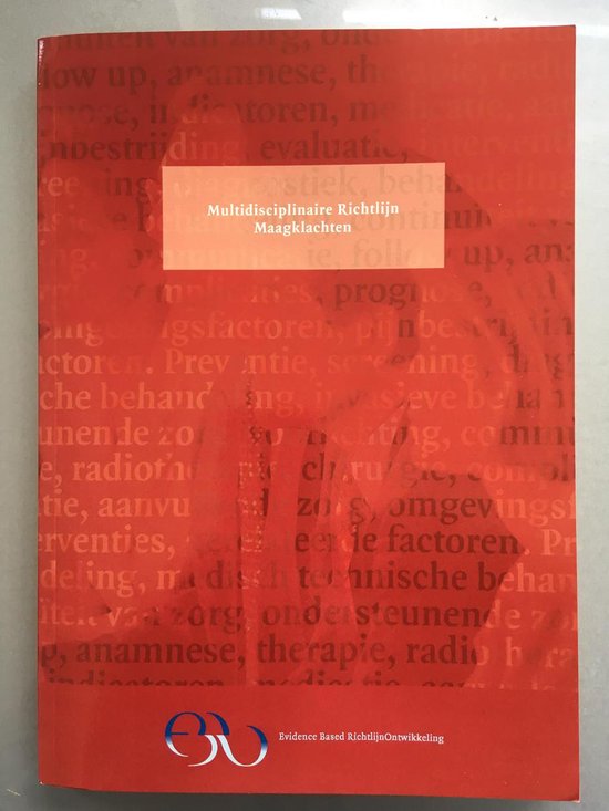 Boekomslag van 'Multidisciplinaire Richtlijn Maagklachten' met rode tekst op rode achtergrond. De titel is prominent aanwezig.