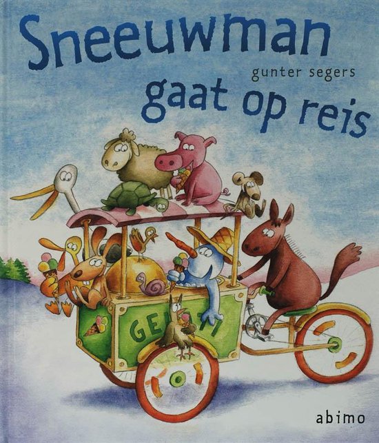 Boekcover 'Sneeuwman gaat op reis' met een vrolijke kar vol dieren, getrokken door een paard, en een sneeuwman met hoed.