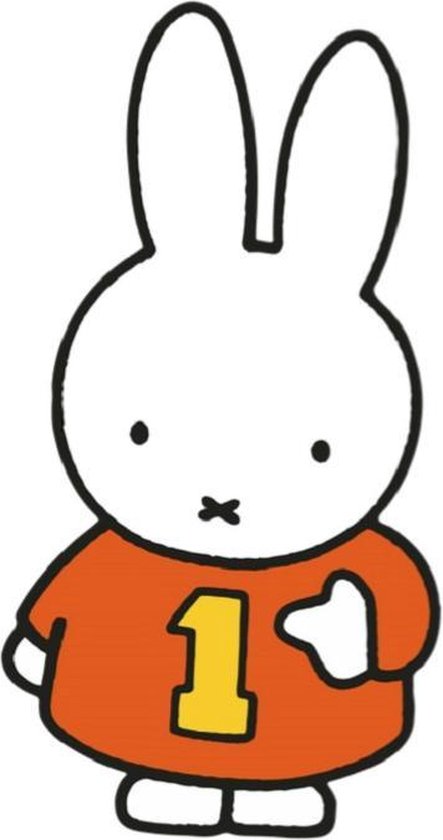 Miffy porte une chemise orange avec le numéro 1 jaune.