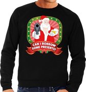Foute kersttrui / sweater - zwart - gangster Kerstman met pistool Can I Borrow Some Presents heren L (52)