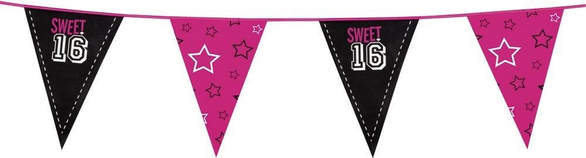Vlaggenlijn 'Sweet 16' - Slingers verjaardag 16-jarige - zwart-roze.