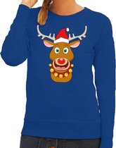 Foute kersttrui / sweater met Rudolf het rendier met rode kerstmuts blauw voor dames - Kersttruien S (36)