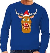 Foute kersttrui / sweater met Rudolf het rendier met rode kerstmuts blauw voor heren - Kersttruien S (48)