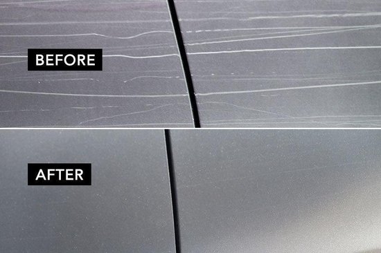 Vergelijking van autolak vóór en na reparatie, met de 'BEFORE' en 'AFTER' labels.