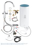 Chroomkraan, witte GROHE RED boiler, mengventiel en installatieonderdelen.