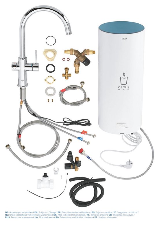 Chroomkraan, witte GROHE RED boiler, mengventiel en installatieonderdelen.