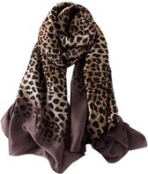 Bruin zwarte luipaard print sjaal in zijde zachte chique glanzende stof - 85 x 180 cm