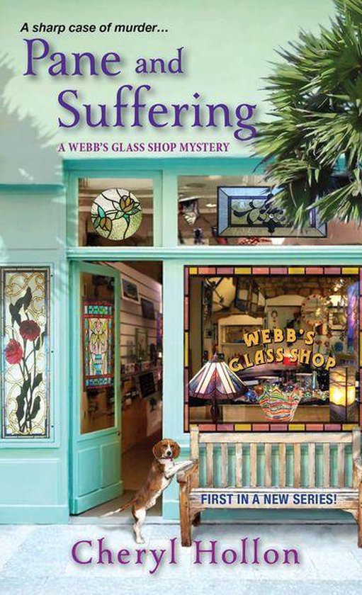 Boek kaft met de titel 'Pane and Suffering', een mysterie van Webb's Glass Shop. Een hond staat voor een glaswinkel.