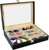 Brillendoos - 8 (Zonne)brillen - Glazen Deksel - Zwart - Kunstleder
