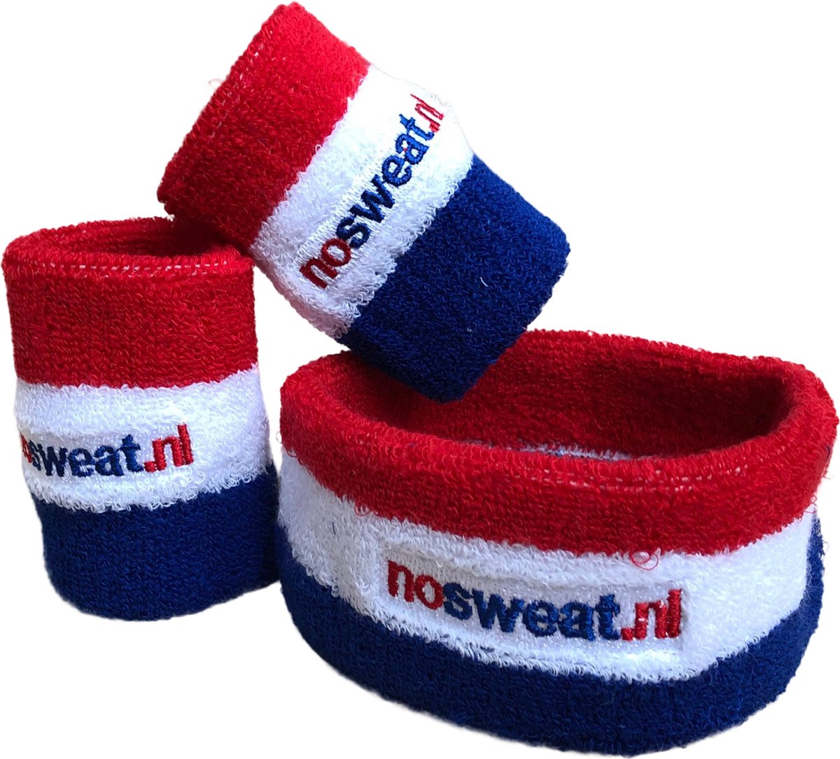 No Sweat zweetbandjes - rood-wit-blauw - één set bevat één hoofdband en twee polsbandjes.