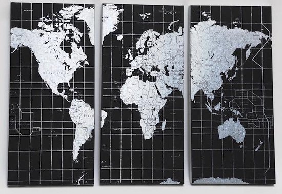 Carte du monde magnétique sur 3 panneaux en métal noir