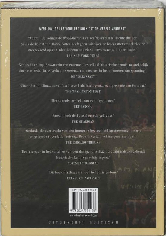 Achterkant van het 'Da Vinci Code Luxe Geïllustreerde Editie' boek met recensies en ISBN-nummer.