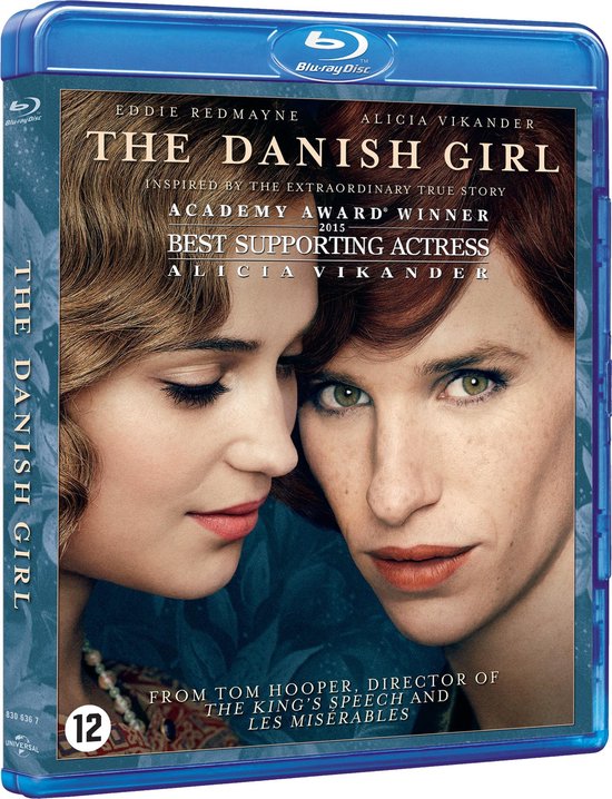 Blu-ray hoes van The Danish Girl met close-ups van Eddie Redmayne en Alicia Vikander. 'Academy Award winner', 'Best supporting actress' en leeftijdsclassificatie 12.