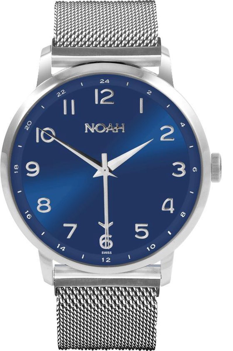 NOAH Slim Line GMT Blue steel - horloge met soepele milanese band - Ø 43 mm - blauw-zilver