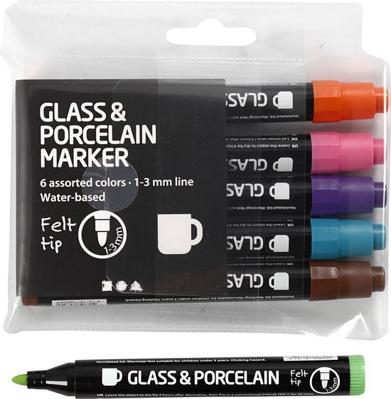 Glas- & Porseleinstiften, Extra Kleuren, 1-3 , Semi-dekkend, 6 Stuk