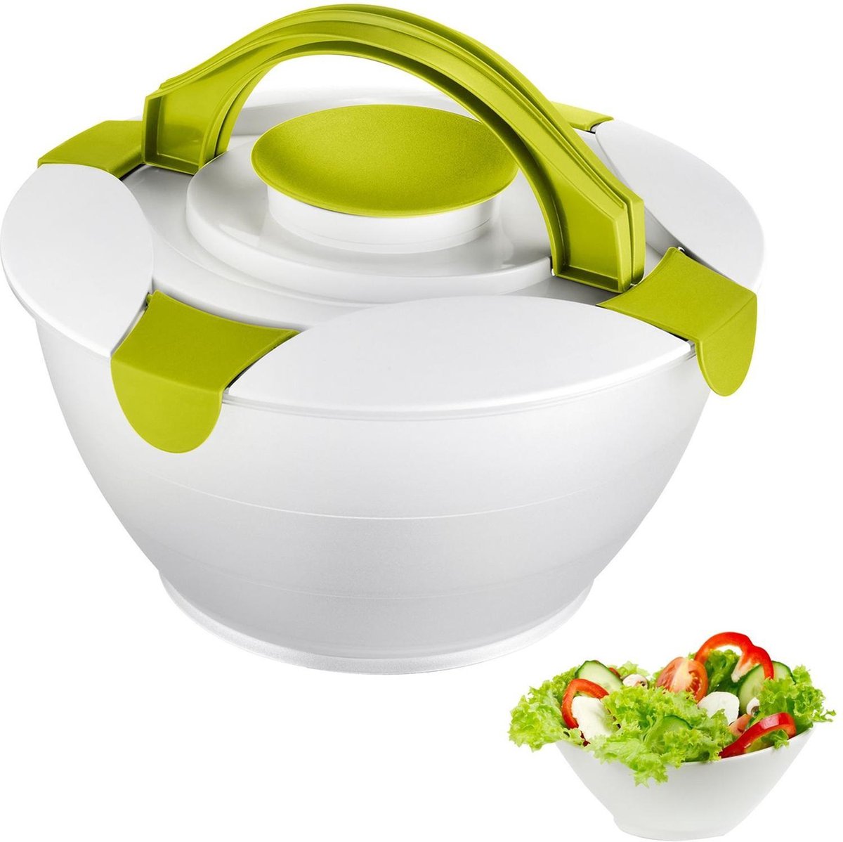 Westmark Slakom met handvatten en dressingbakje, inhoud: 6,5 l, kunststof, Praktika, doorzichtig/wit/groen, 2422227A