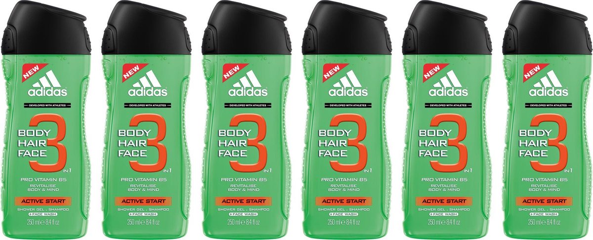 Adidas Active Start Hair & Body 3 - 6 x 250 ml - Douchegel - Voordeelverpakking