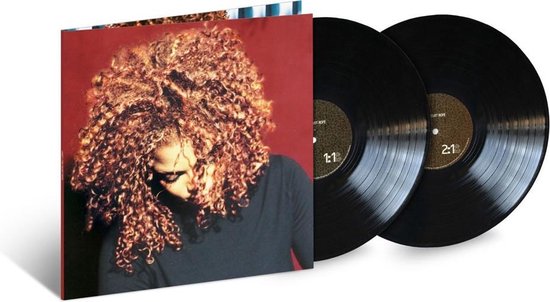 Dubbele zwarte vinylplaten met hoes van Janet Jackson, met rode achtergrond en haar volle, krullende haar.