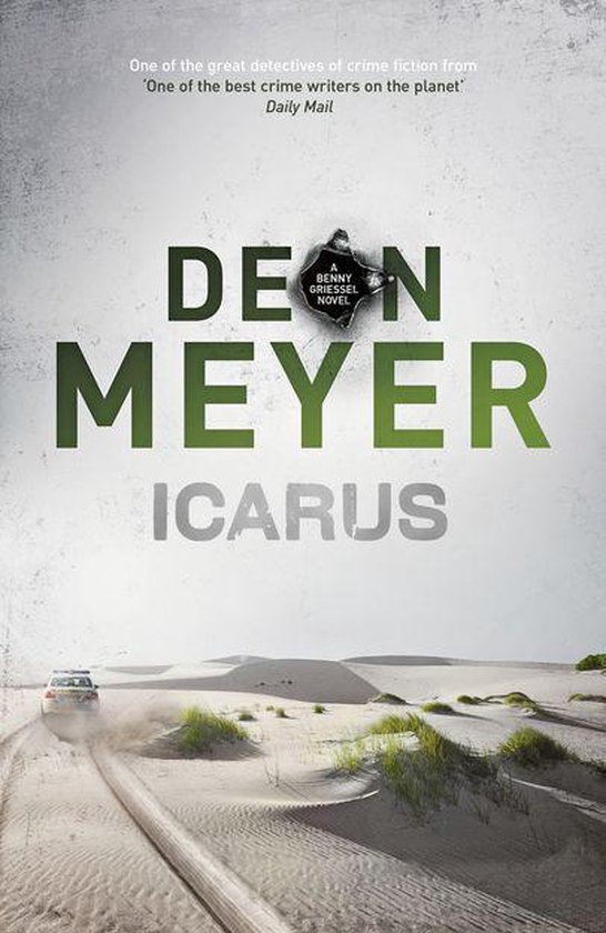 Boekcover van 'Icarus' door Deon Meyer. Een politieauto rijdt op een zandpad in een woestijnlandschap.