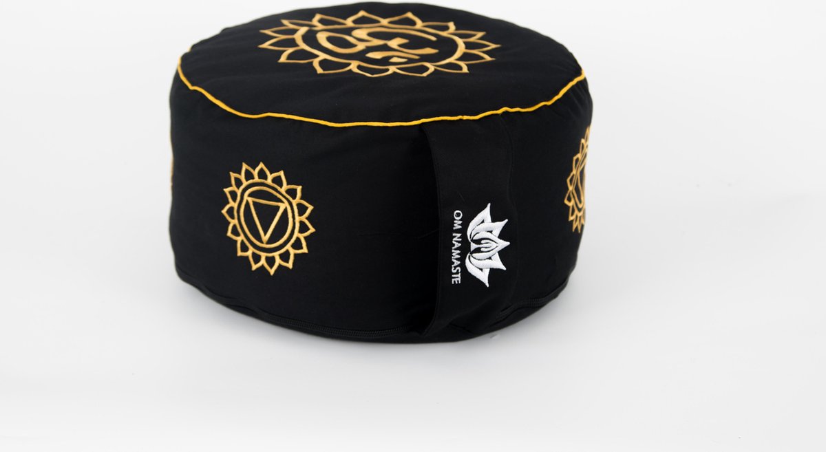 Om Namaste Symbolic Meditatiekussen Zitkussen - Rond - Zwart - Gouden Ohm -