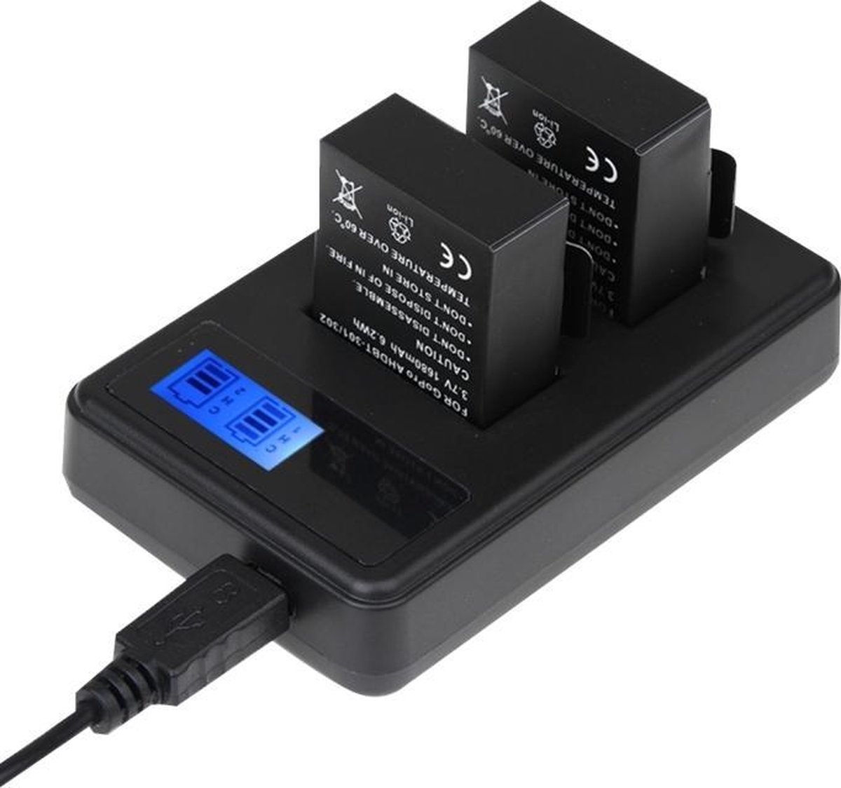 Dubbele externe batterij oplader met LCD display en kabel voor GoPro Hero 7 - Zwart