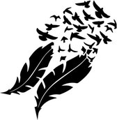 Muursticker veren met zwerm vogels - deur stikker - wandversiering - wanddecoratie - zwart - 57 x 58 cm