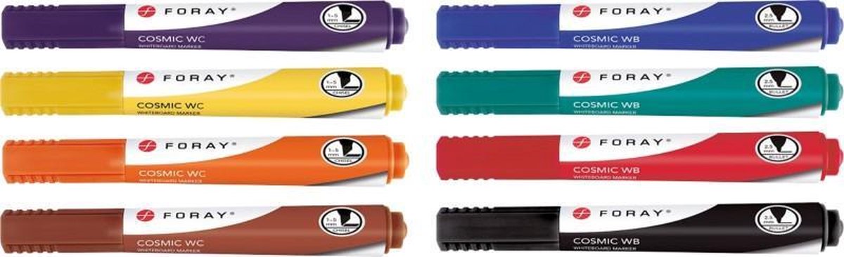 8 x Whiteboardmarkers Bullit ( Foray Cosmic WB 8 ) Zwart, blauw, rood, groen, geel, oranje, bruin, paars