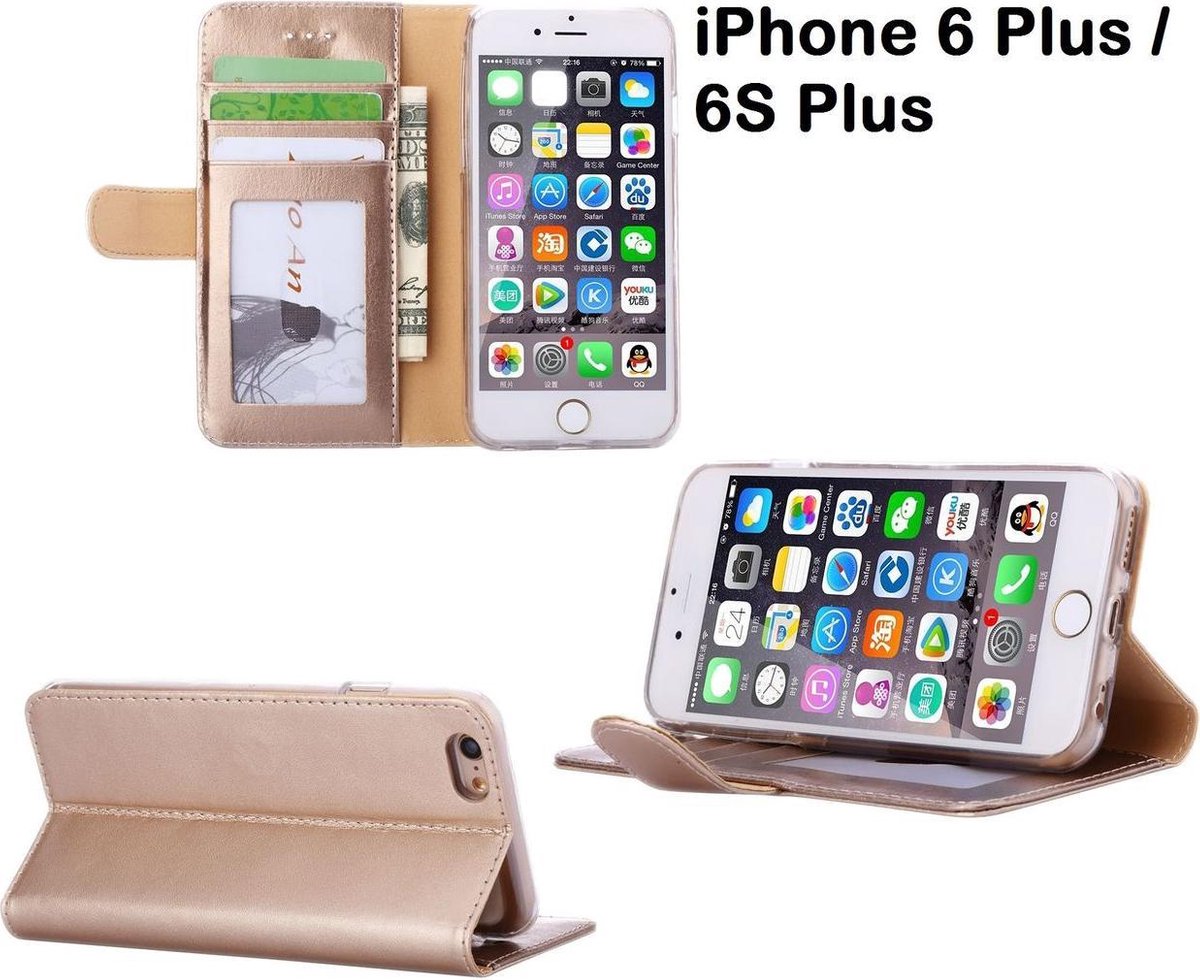 iPhone 6 Plus / 6S Plus Wallet Style lederen case hoesje Champagne Goud