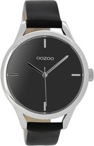 OOZOO Timepieces - Zilverkleurige horloge met zwarte leren band - C9144