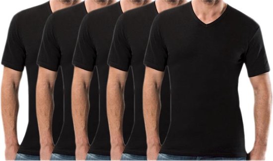 5 stuks Basic T-shirt - V-hals - 100% katoen - Zwart - Maat XXL