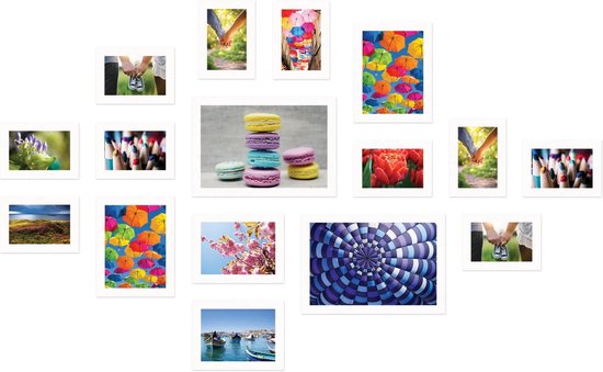 SecaDesign Fotowand 16 fotolijsten met handige template voor plaatsing. 10x 10x15cm, 2x 13x18cm, 2x 15x20cm en 2x 20x30cm fotomaat