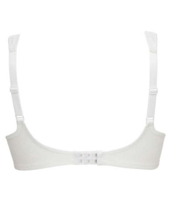 Achterkant van een witte Triumph Elegant Cotton N beha met verstelbare bandjes en haaksluiting.