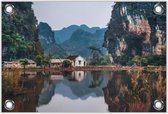 Tuinposter –Huisje aan het Water Vietnam-Ninh Bình– 90x60 Foto op Tuinposter (wanddecoratie voor buiten en binnen)