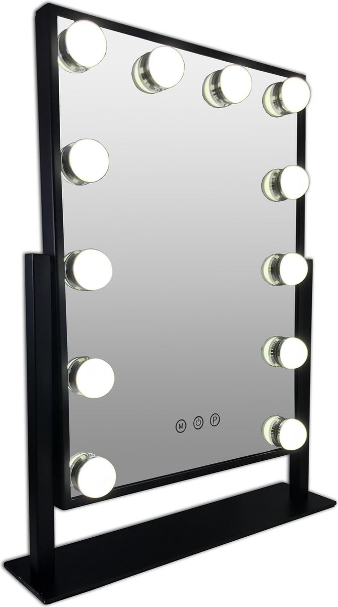 Zwarte Make-up hollywood LED spiegel, 12x dimbare LED bulbs. 3 kleuren licht