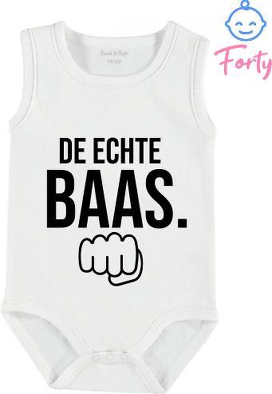 Baby Rompertje met leuke tekst De echte Baas! mouw wit romper Papa & Mama