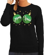 Foute kersttrui / sweater zwart met groene Merry Xmas borsten voor dames - kerstkleding / christmas outfit S (36)