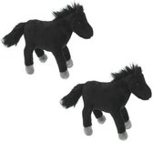 2x Pluche zwarte paarden knuffels met witte manen 25 cm - Paarden knuffels - Speelgoed voor kinderen