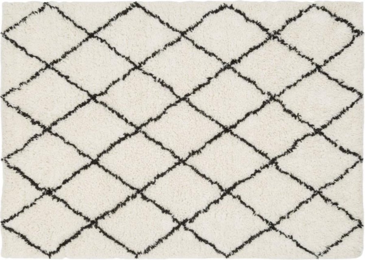 Vloerkleed wol - ruiten - offwhite (wit) / zwart - 200 x 300 - hoogpolig -  rechthoekig | bol.com