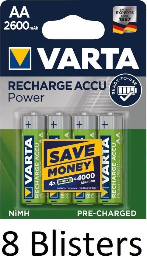 32 pièces (8 blisters de 4 pièces) Piles rechargeables AA Varta 2600 MAH |  bol.com