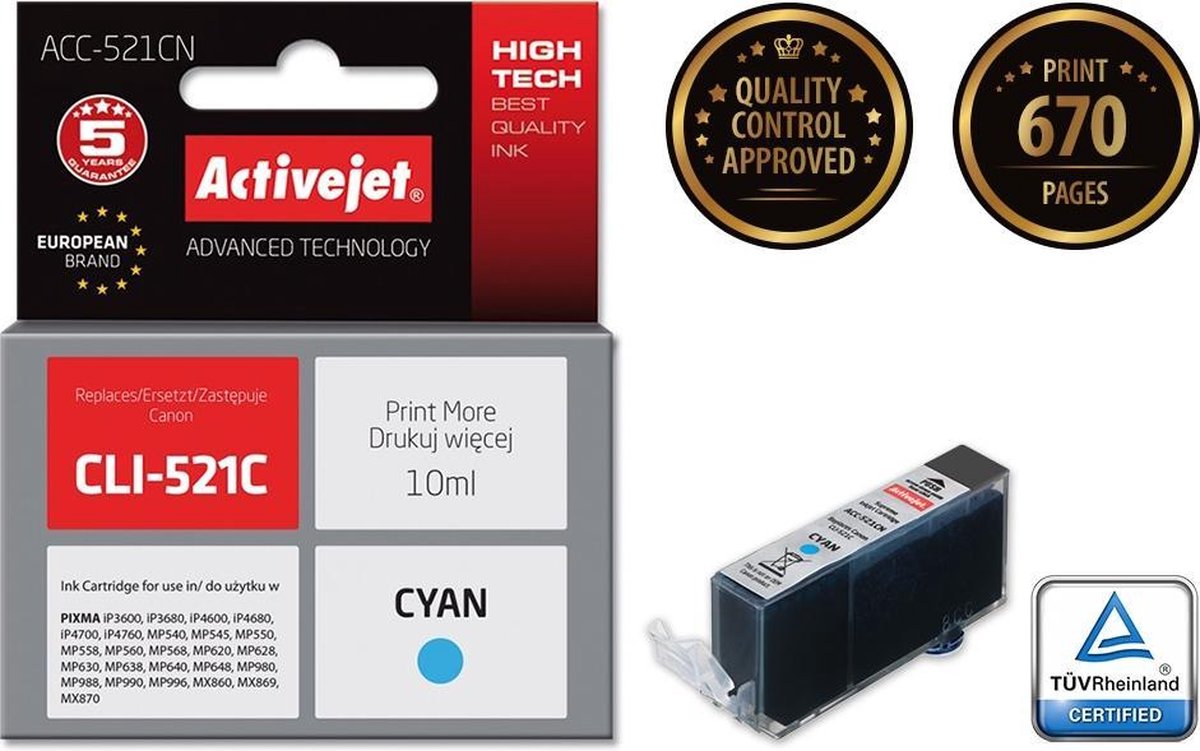 ActiveJet ACC-521CN inkt voor Canon-printer; Canon CLI-521C vervanging; Opperste; 10 ml; cyaan.