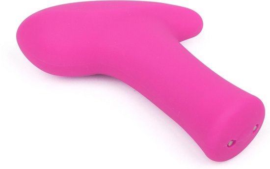 Felle roze vibrator met een T-vormige basis en een schuine, afgeronde bovenkant, liggend op de zijkant.