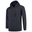 Donkerblauwe hoodie, 3/4 aanzicht, met capuchon, kangoeroezak en veters.