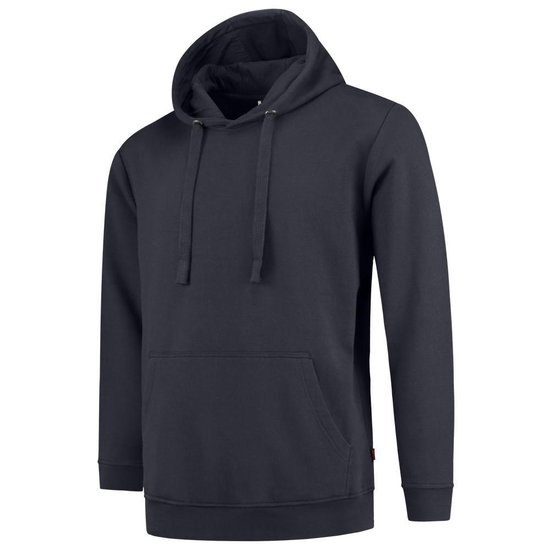Donkerblauwe hoodie, 3/4 aanzicht, met capuchon, kangoeroezak en veters.